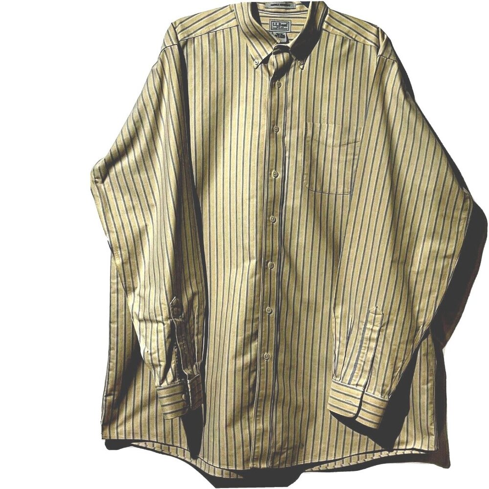 L.L. Bean Mens Wrinkle Resistant Yellow Striped Button-Down Shirt 17 1/2-37